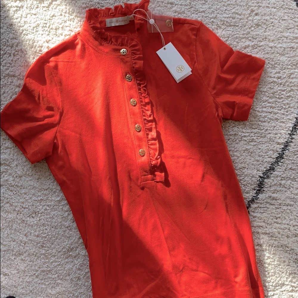 Tory Burch Ruffled Polo Shirt Medium in Coral Red